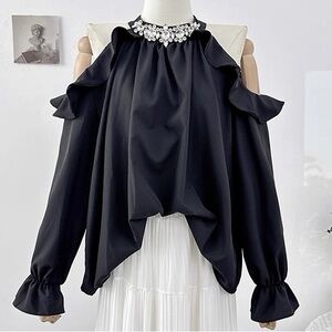 halter top long sleeve cold shoulder sequin neckline ruffled collared blouse